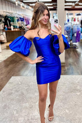 Red Homecoming Dress Strapless Bodycon Cocktail with Cute Puff Sleeves Short Party Cocktail Dress