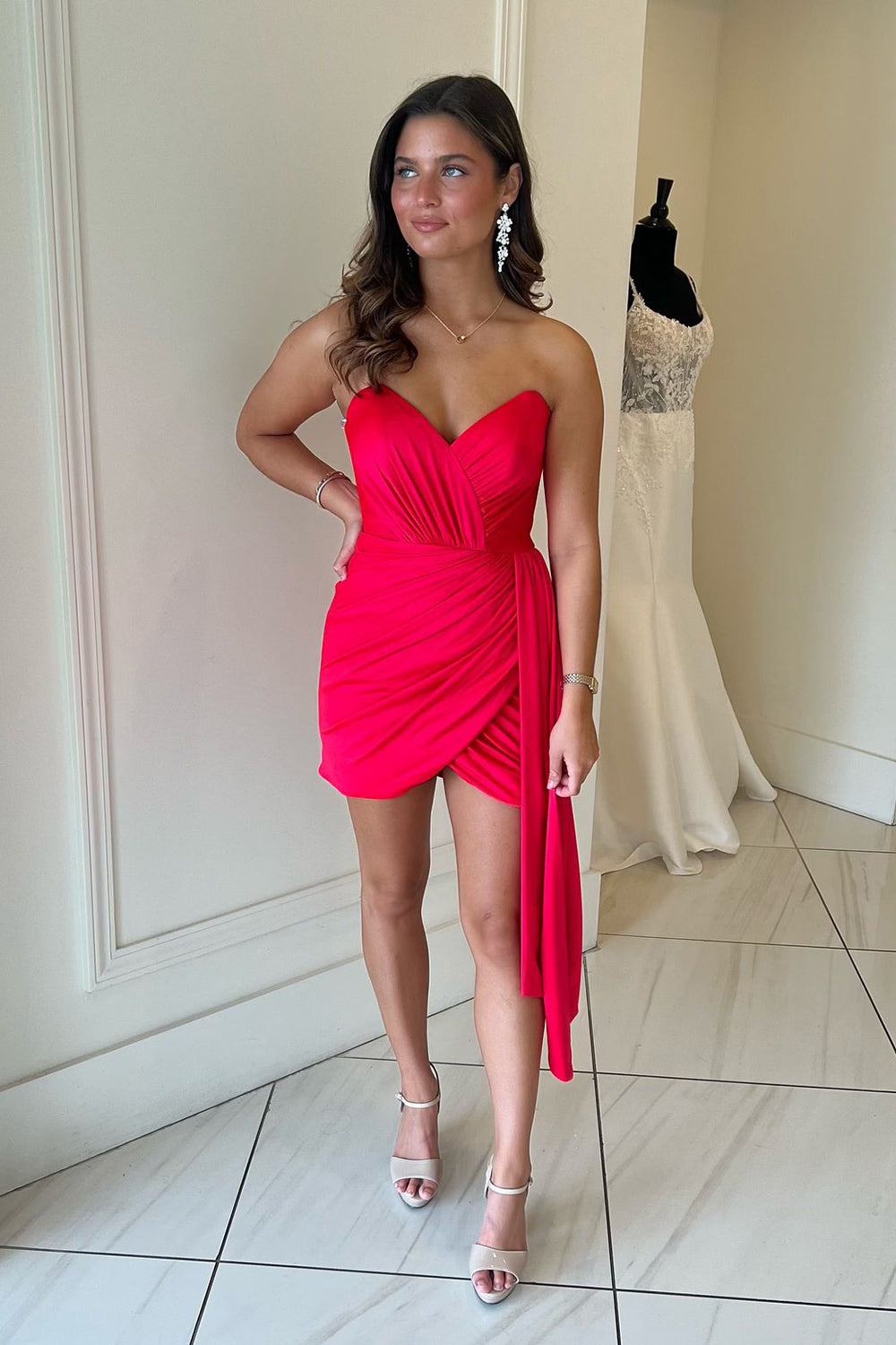 Red Homecoming Dress Strapless Ruched Tight Short Prom Dress