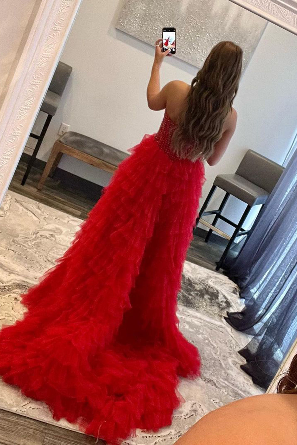 Red Homecoming Dresses Beaded A-Line Tiered High Low Prom Cocktail Dresses