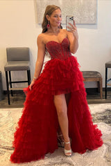 Red Homecoming Dresses Beaded A-Line Tiered High Low Prom Cocktail Dresses