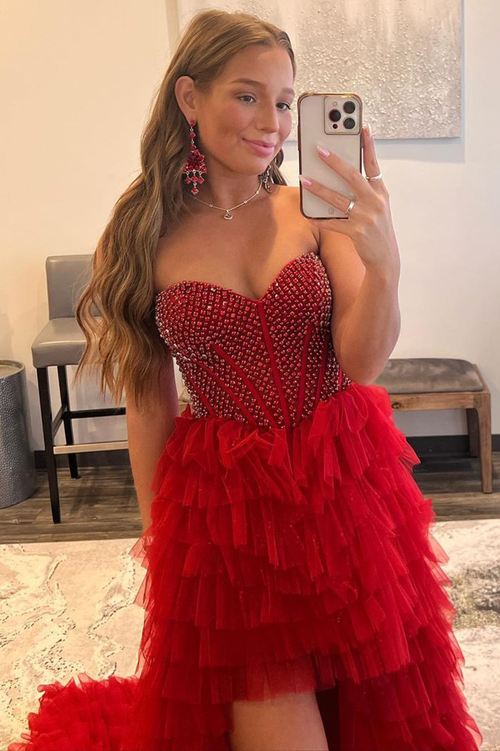 Red Homecoming Dresses Beaded A-Line Tiered High Low Prom Cocktail Dresses