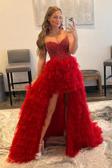 Red Homecoming Dresses Beaded A-Line Tiered High Low Prom Cocktail Dresses