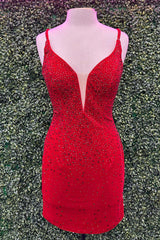 Red Homecoming Dresses Beaded Tight Short Cocktail Dresses