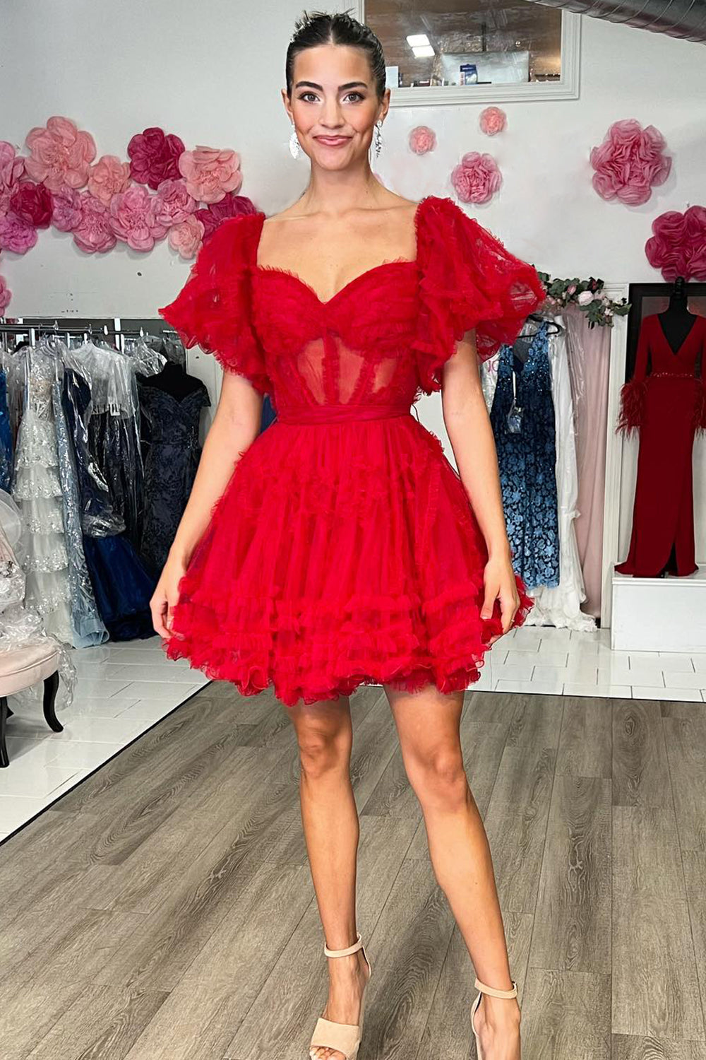 Red Homecoming Dresses Corset A-Line Short Cocktail Dresses with Sleeves