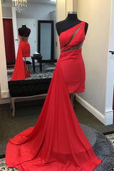 Red Homecoming Dresses Corset One Shoulder Tight Short Satin Cocktail Dresses with Ruffle