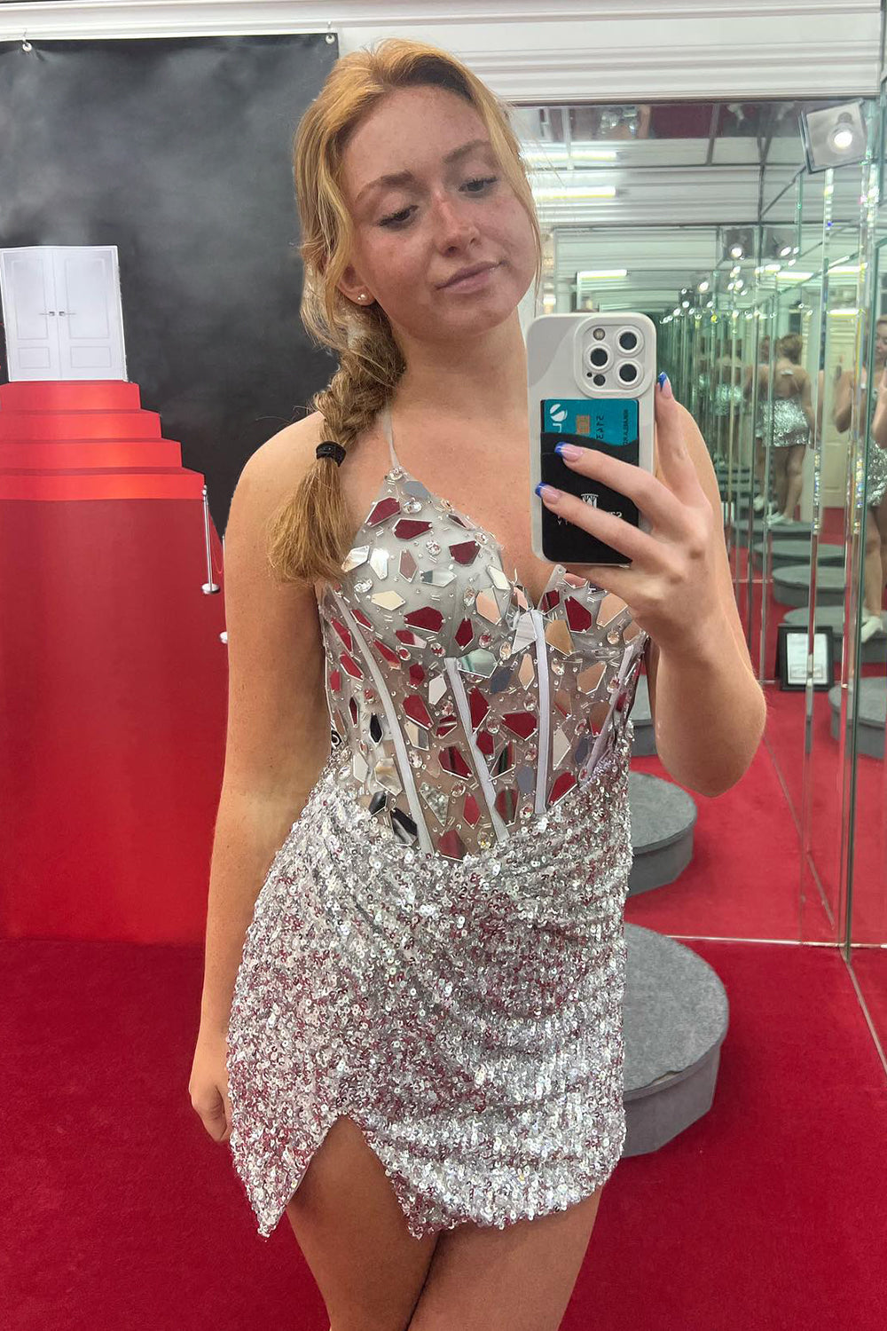 Red Homecoming Dresses Glitter Corset Sequin Tight Short Mirror Cocktail Dresses