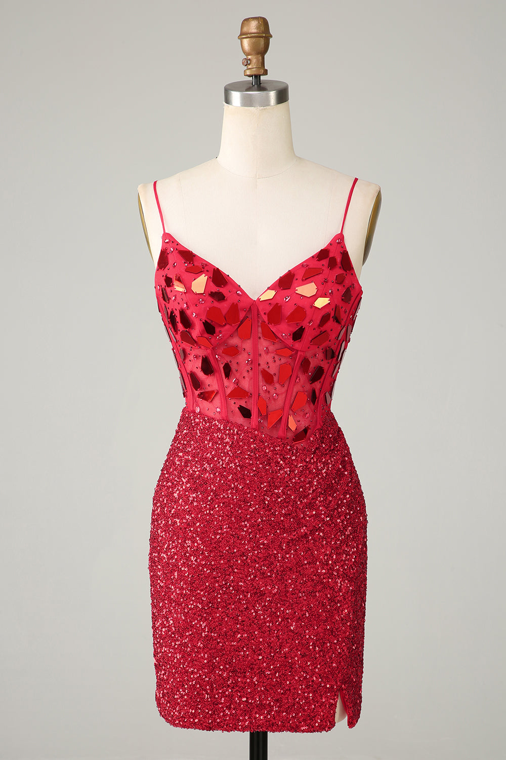 Red Homecoming Dresses Glitter Corset Sequin Tight Short Mirror Cocktail Dresses