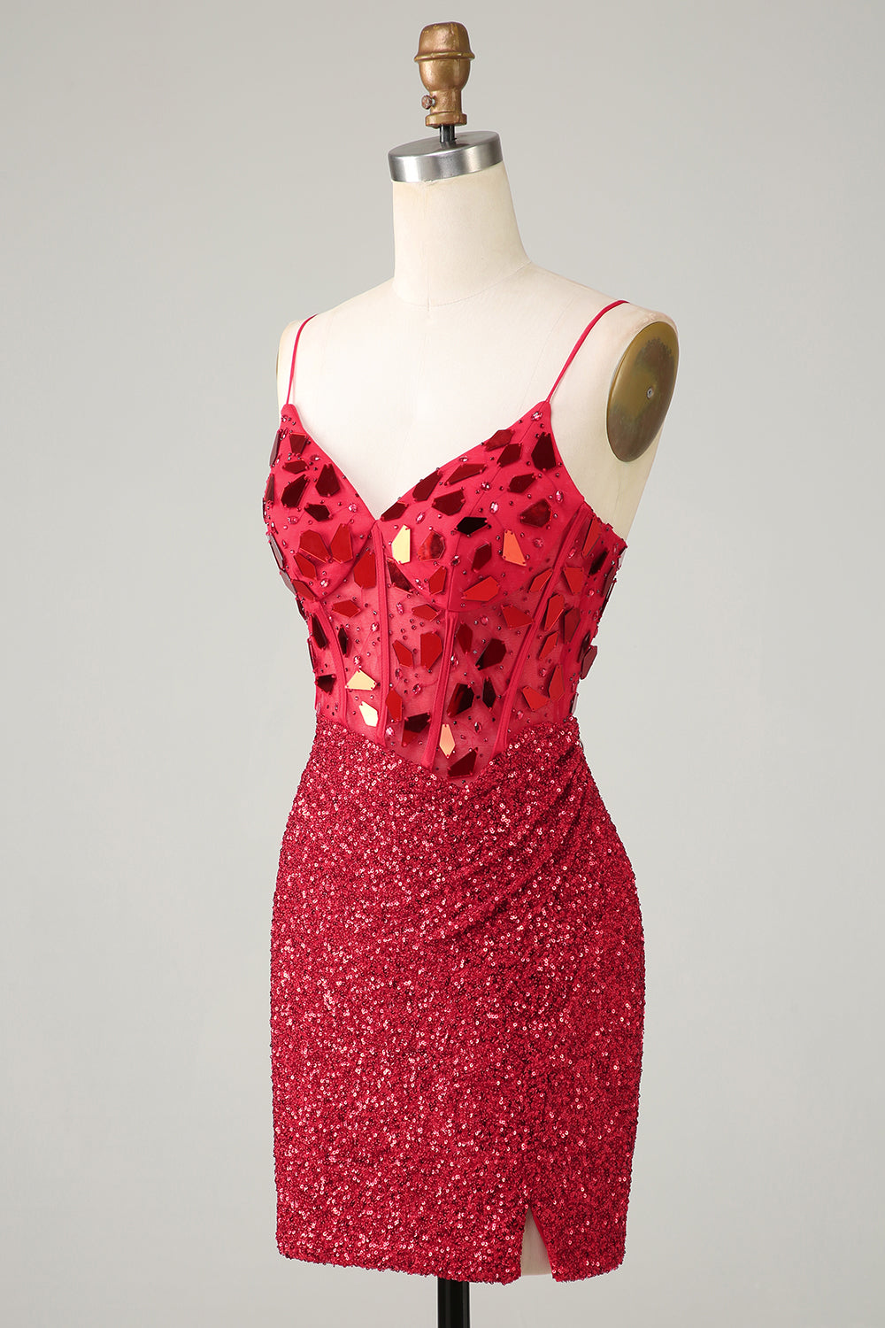 Red Homecoming Dresses Glitter Corset Sequin Tight Short Mirror Cocktail Dresses