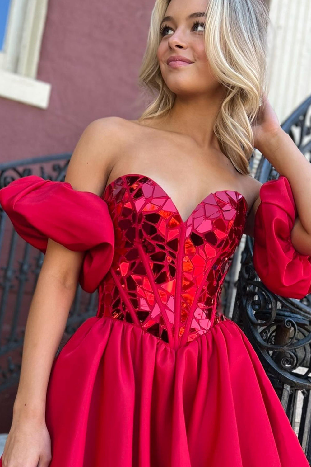 Red Homecoming Dresses Mirror Sweetheart A Line Cocktail Dresses With Detchable Sleeves