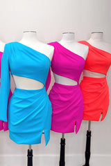 Red Homecoming Dresses One Shoulder Bodycon Short Cocktail Dresses With Slit
