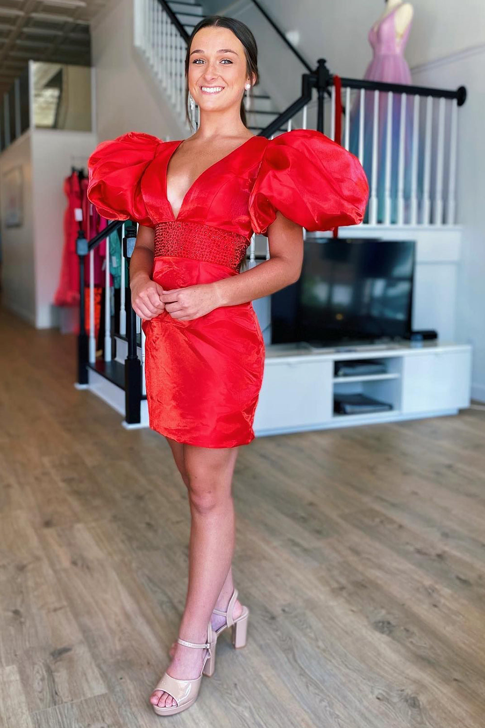 Red Homecoming Dresses Puff Sleeves Tight Short Cocktail Dresses with Beading