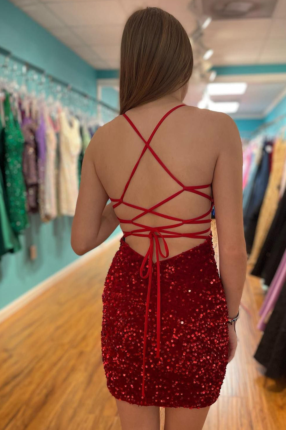 Red Homecoming Dresses Sequin Lace-Up Tight Short Cocktail Dresses
