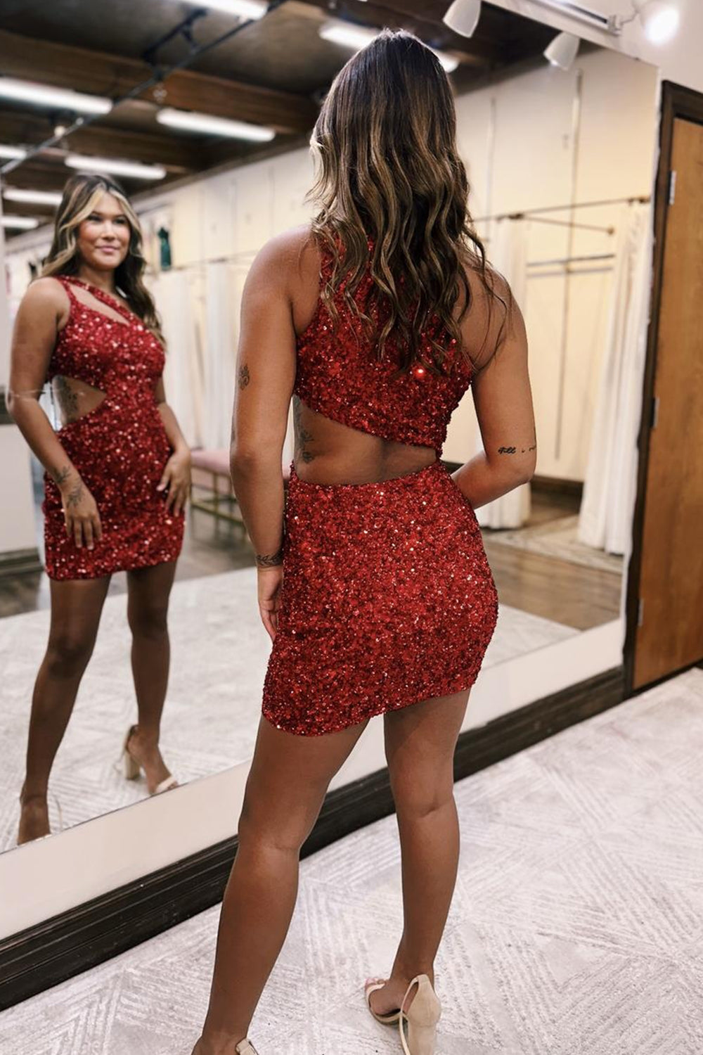 Red Homecoming Dresses Sequin One Shoulder Cut Out Tight Short Cocktail Dresses