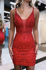 Red Homecoming Dresses Sequin Spaghetti Straps Tight Short Hoco Dresses