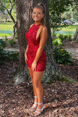 Red Homecoming Dresses Sequined Open Back Tight Short Cocktail Dresses with Fringes