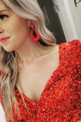 Red Homecoming Dresses Sequined Two Piece Tight Short Cocktail Dresses with Sleeves