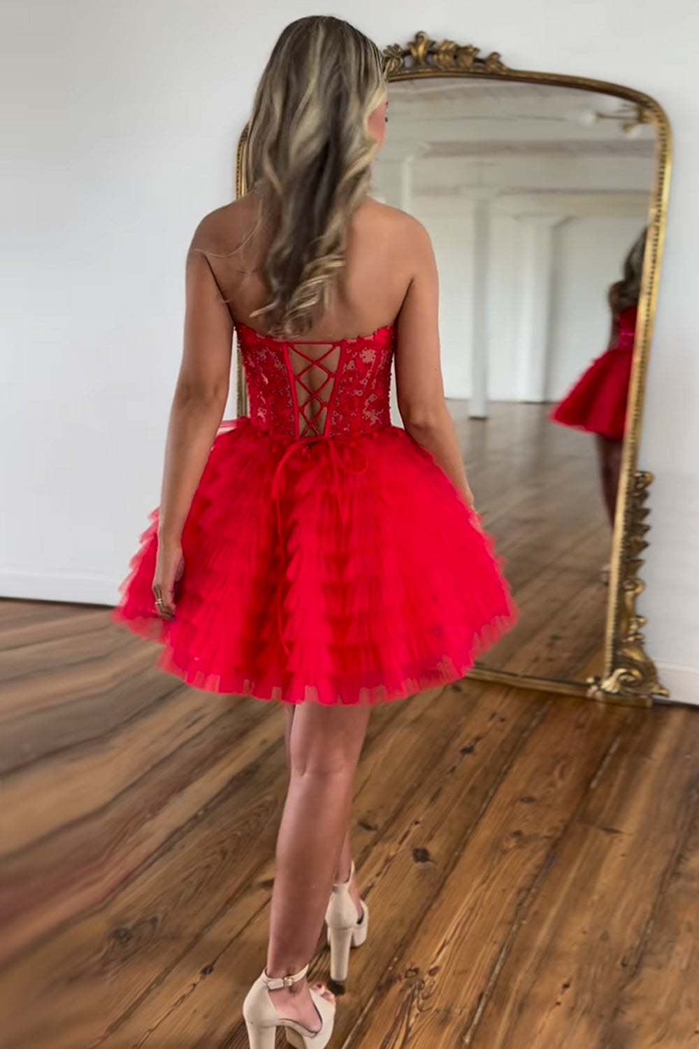 Red Homecoming Dresses Strapless Corset A Line Short Cocktail Dresses With Beadings