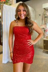 Red Homecoming Dresses Strapless Tight Short Cocktail Dresses with Sequin