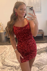 Red Homecoming Dresses Tight Sequin Backless Cocktail Dresses