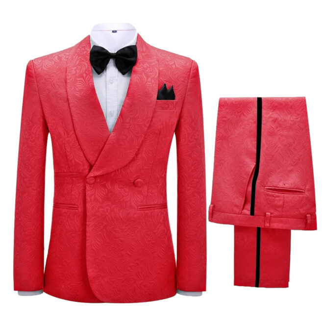 Red Jacquard Double Breasted Shawl Lapel Wedding Suit