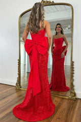 Dressystars Red Lace Formal Gown With Structured Corset Bodice And Statement Bow Formal Evening Gown