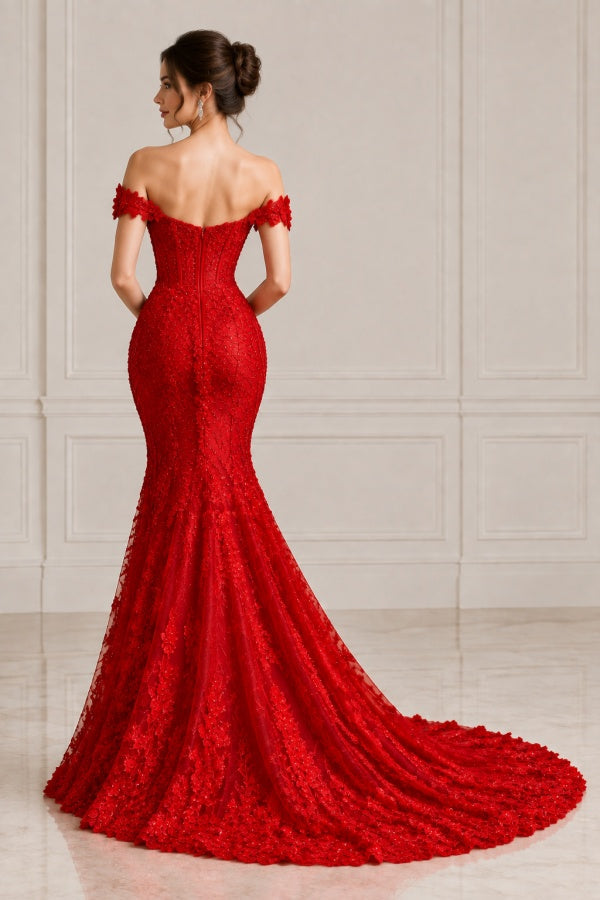 Red Lace Mermaid Wedding Dress with Off Shoulder Straps and Corset Bodice
