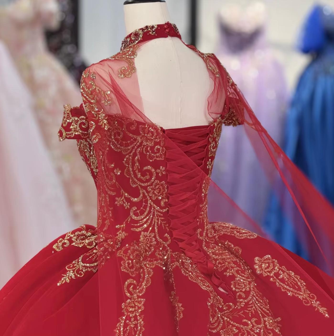 Red Lace Quinceanera Dress Ball Gown Sweet 16 Dress with Appliques