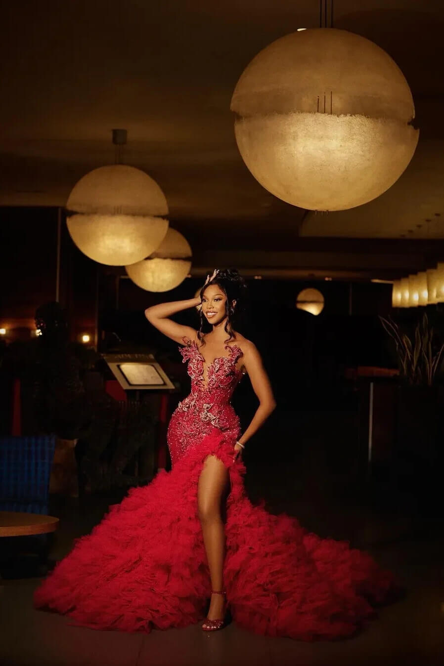 Red Mermaid Ruffled Prom Dress Crew Neck Cap Sleeve Formal Dress with Slit