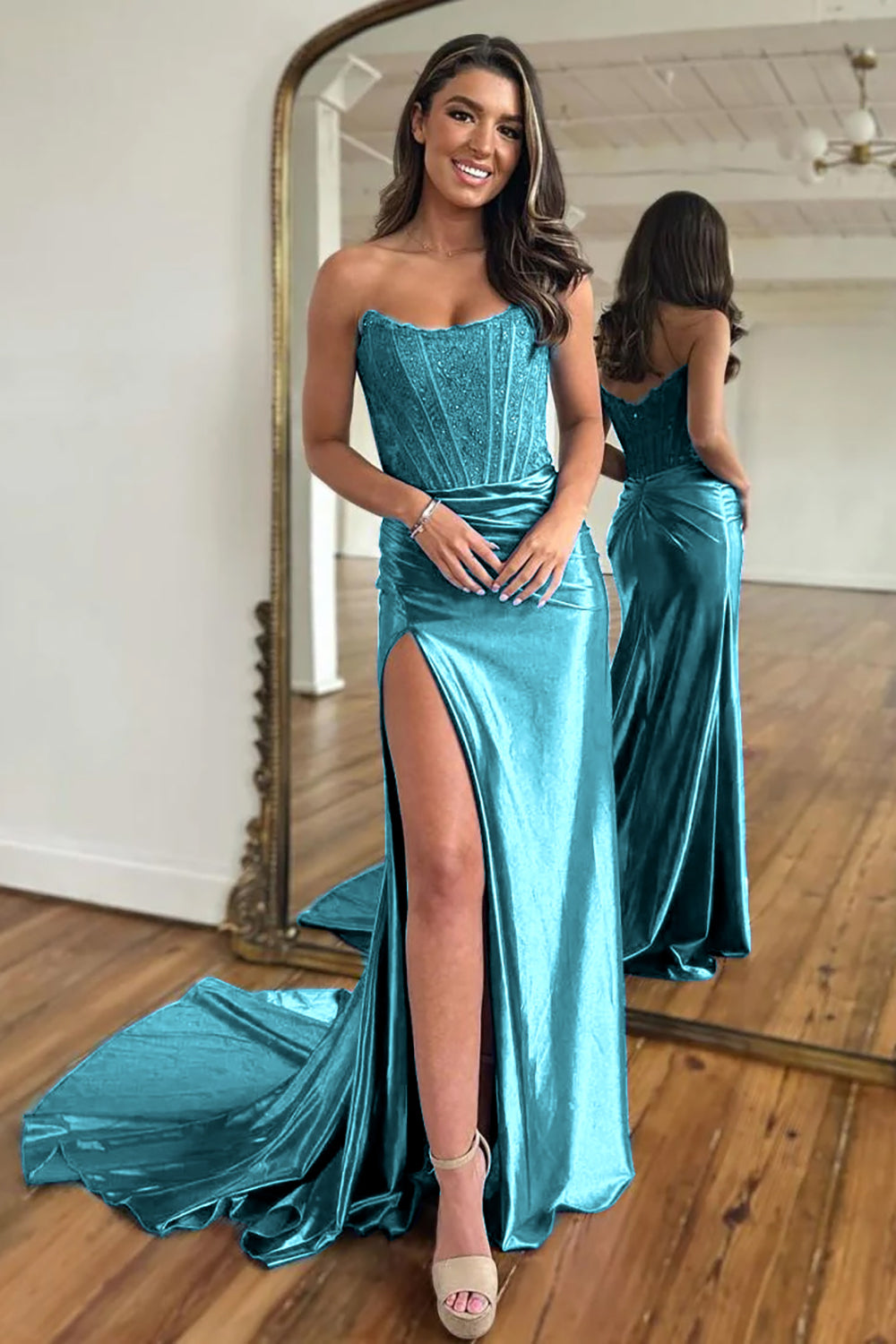 Red Mermaid Satin Corset Long Prom Dress with Slit