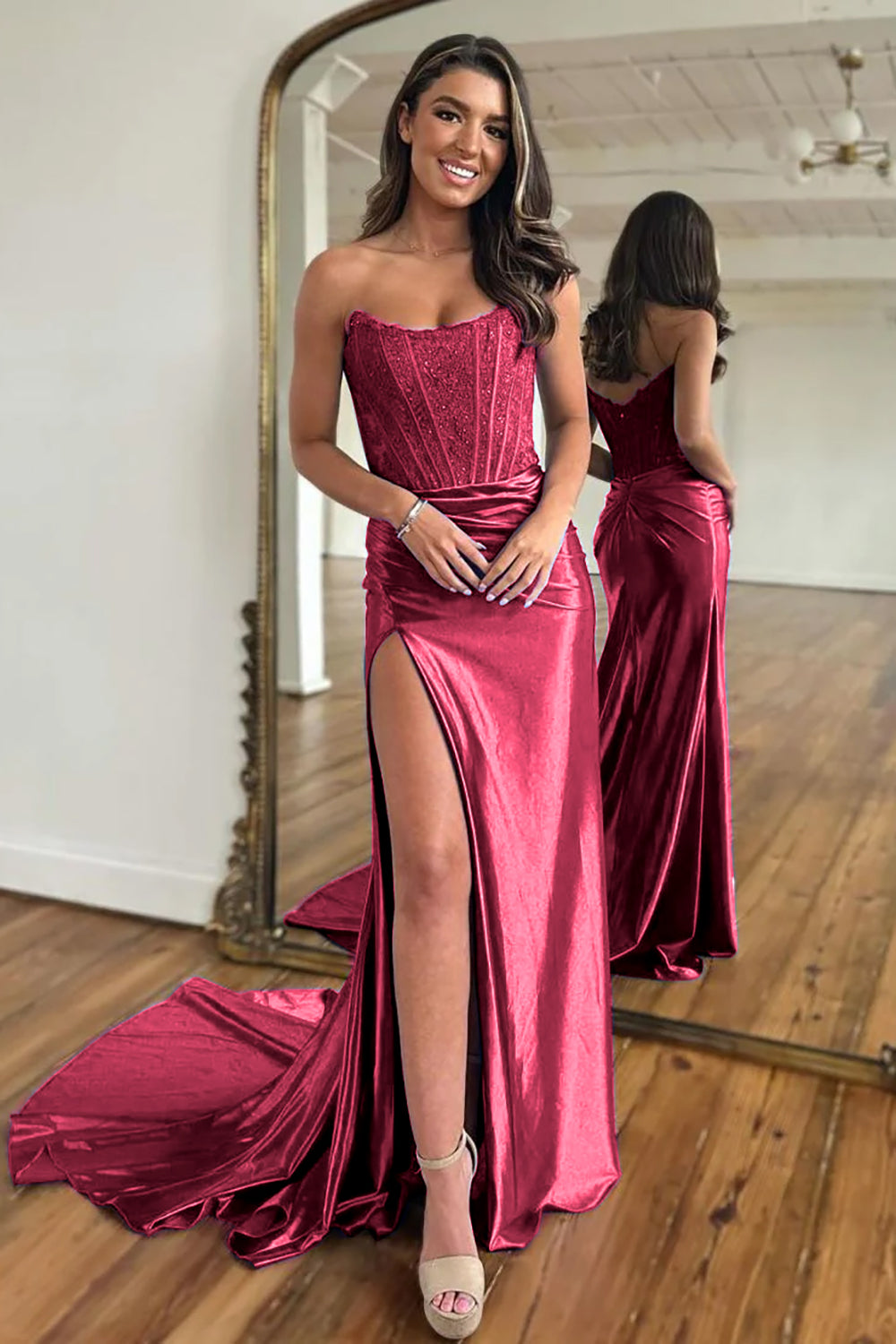 Red Mermaid Satin Corset Long Prom Dress with Slit