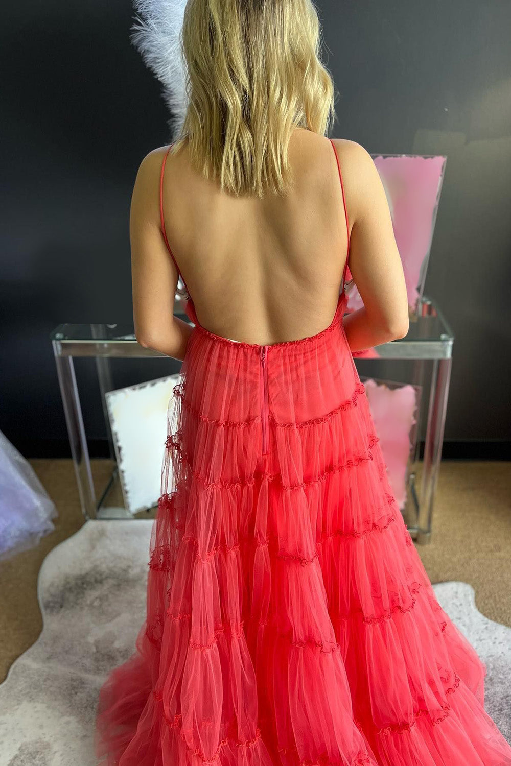 Red Prom Dress A Line Deep V Neck Backless Long Tulle Evening Dress