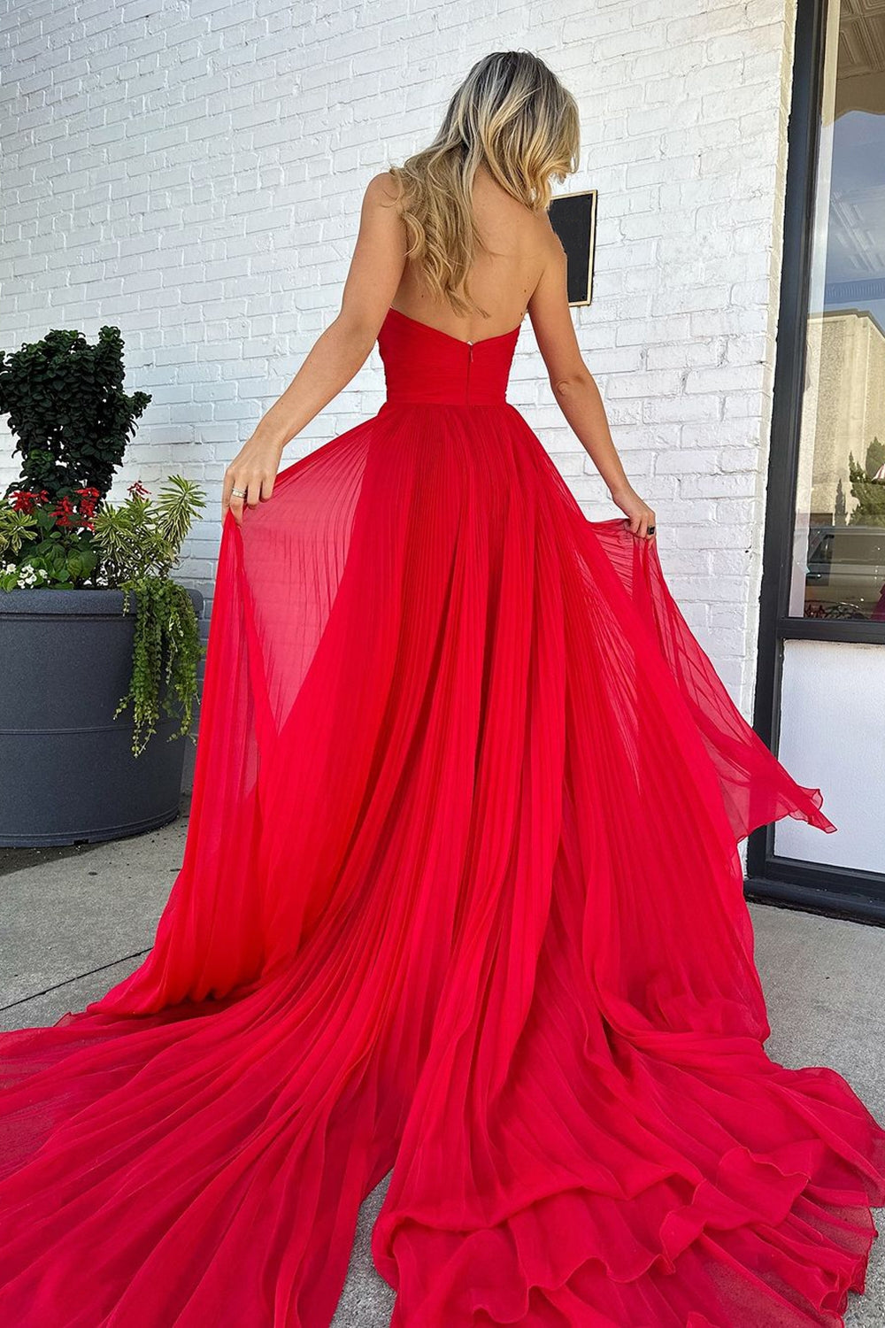 Red Prom Dress A Line Strapless Long Evening Dress with Slit