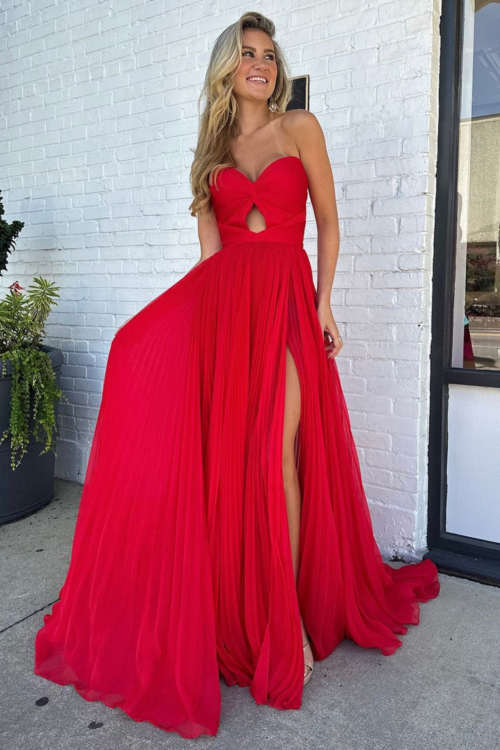 Red Prom Dress A Line Strapless Long Evening Dress with Slit
