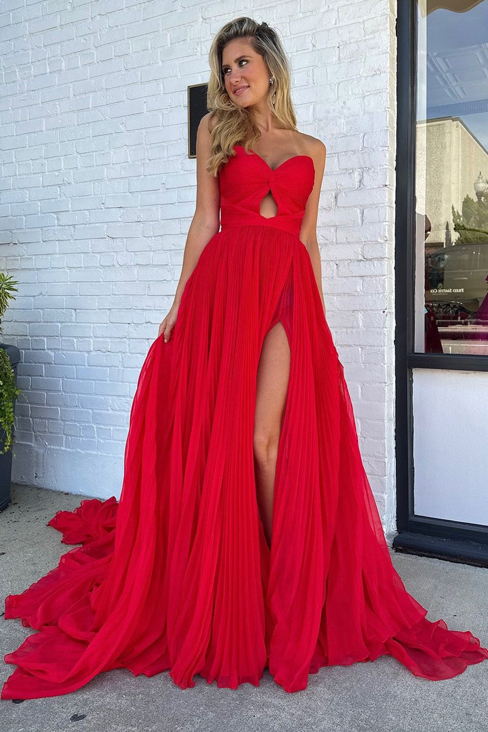 Red Prom Dress A Line Strapless Long Evening Dress with Slit