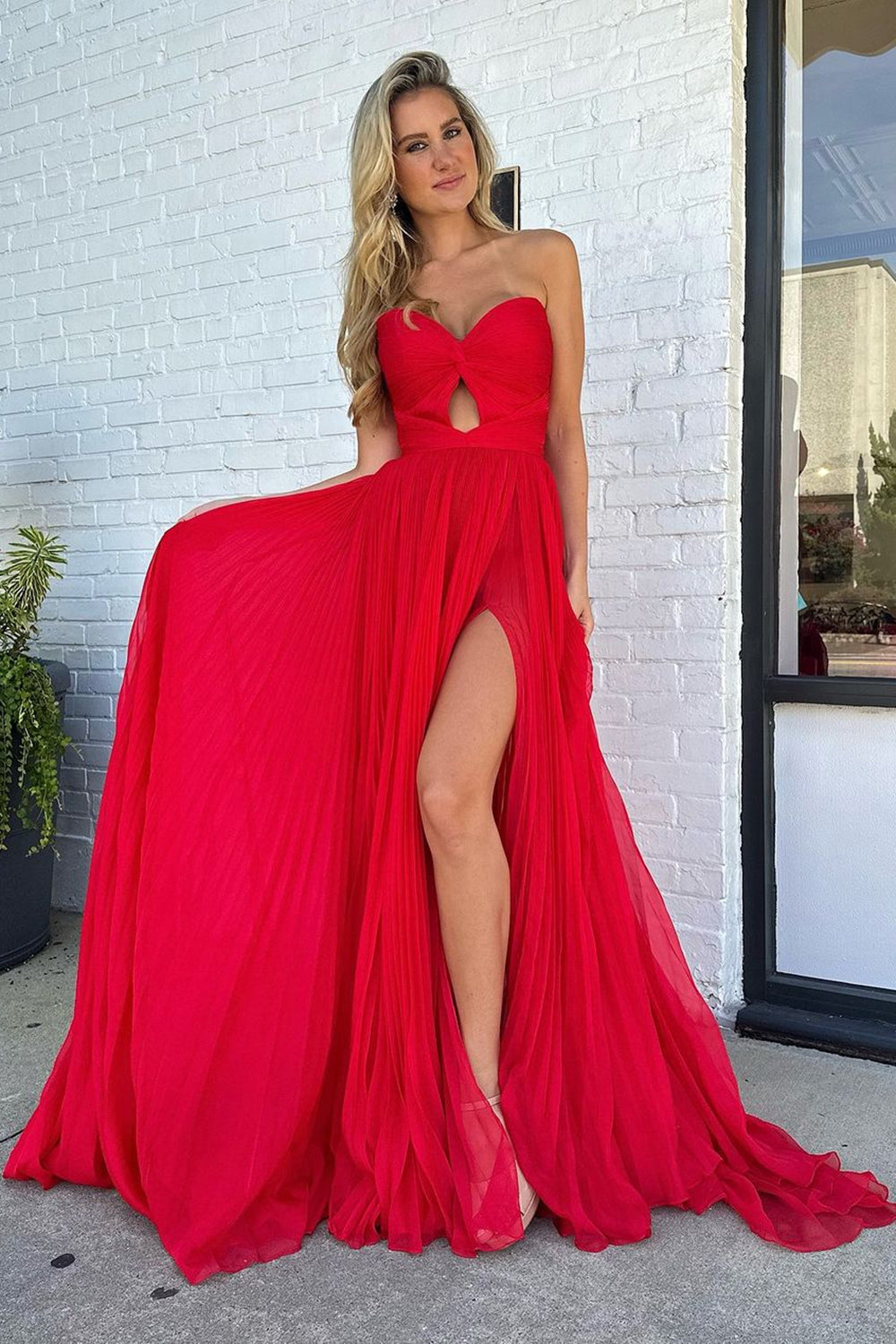 Red Prom Dress A Line Strapless Long Evening Dress with Slit