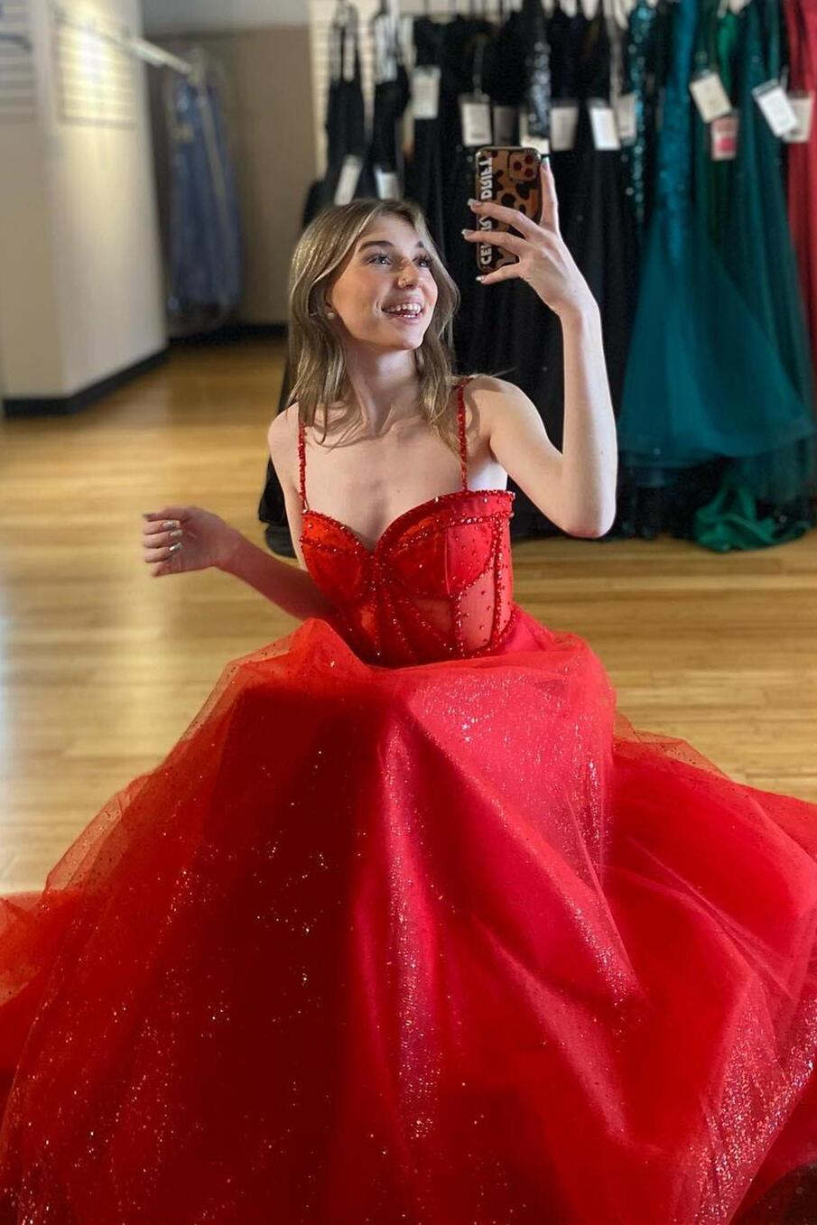 Red Prom Dress Beaded A Line Formal Evening Dress with Split