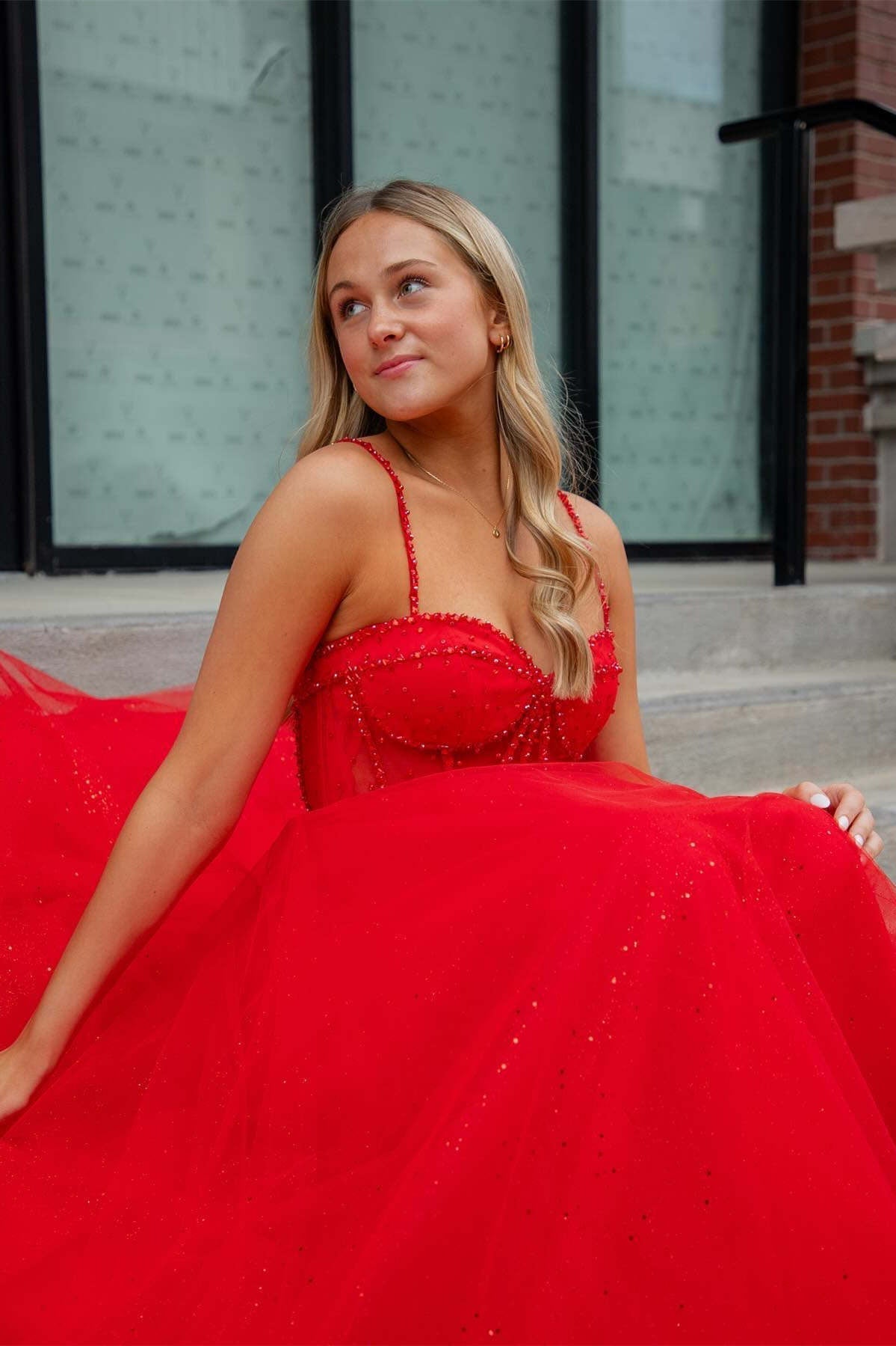 Red Prom Dress Beaded A Line Formal Evening Dress with Split