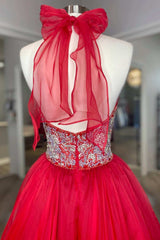 Red Prom Dress Beaded Halter Backless A Line Prom Dress Long Evening Dress