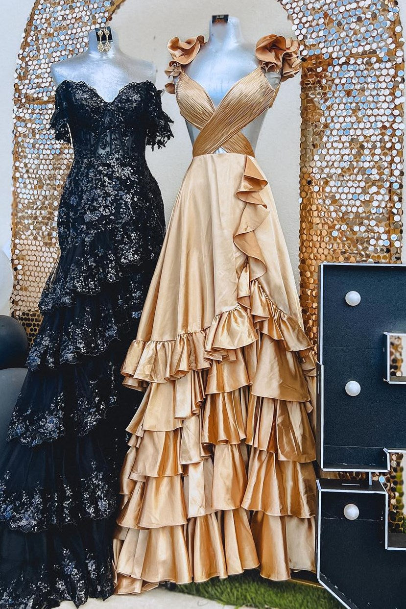 Red Prom Dress Cutout A Line Ruffle Long Elegant Evening Dress with Split