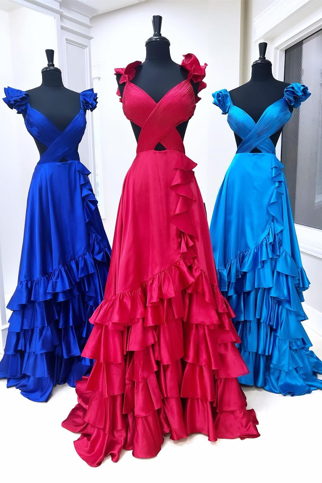 Red Prom Dress Cutout A Line Ruffle Long Elegant Evening Dress with Split
