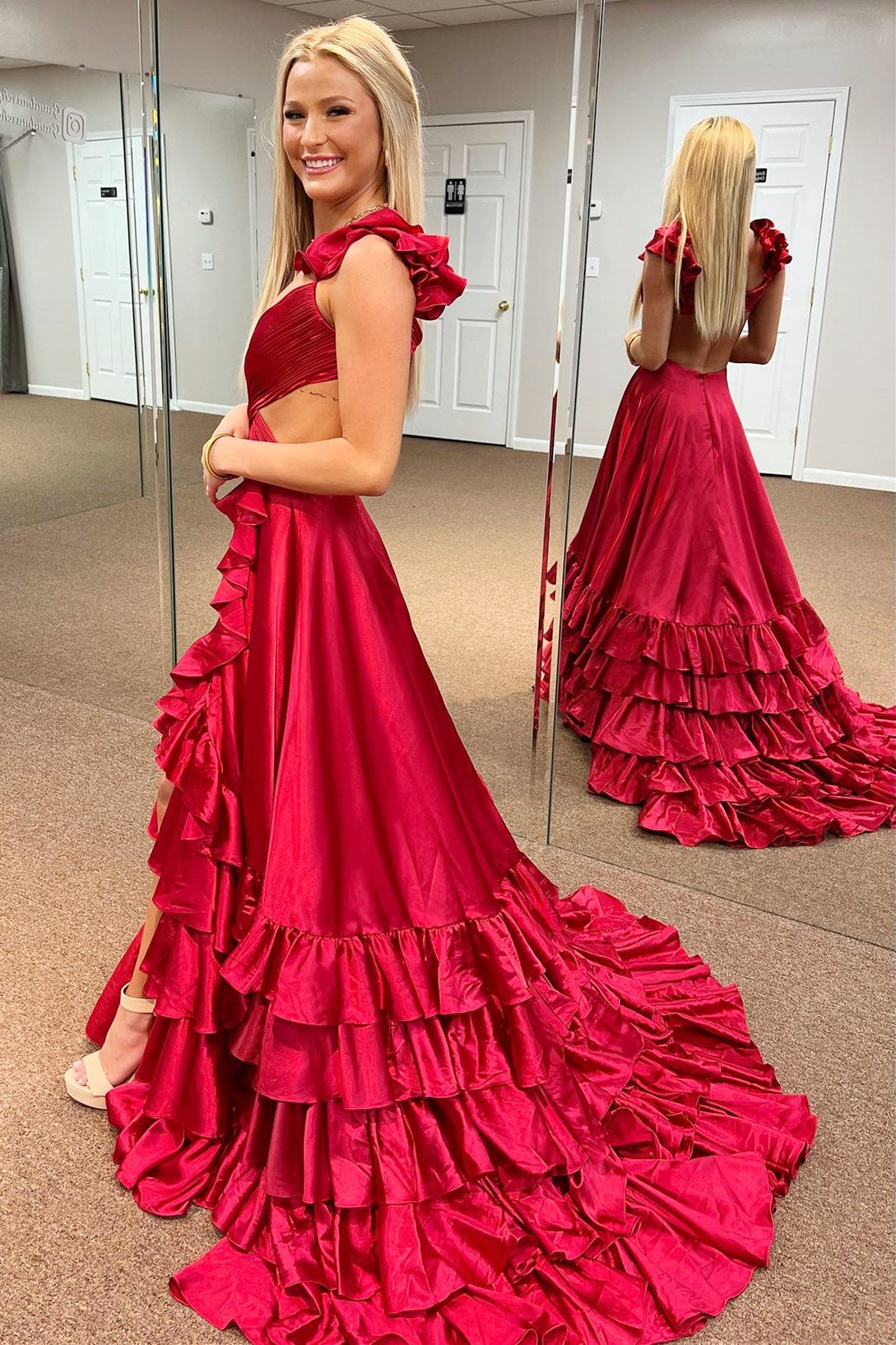 Red Prom Dress Cutout A Line Ruffle Long Elegant Evening Dress with Split