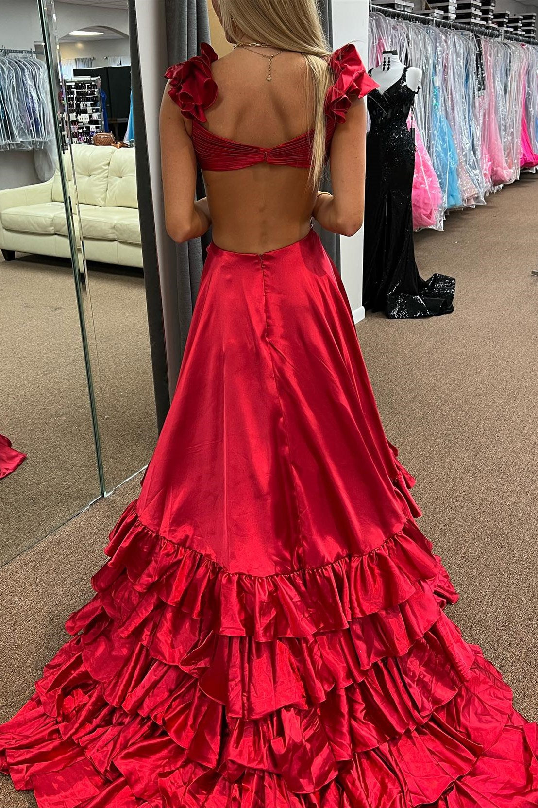 Red Prom Dress Cutout A Line Ruffle Long Elegant Evening Dress with Split