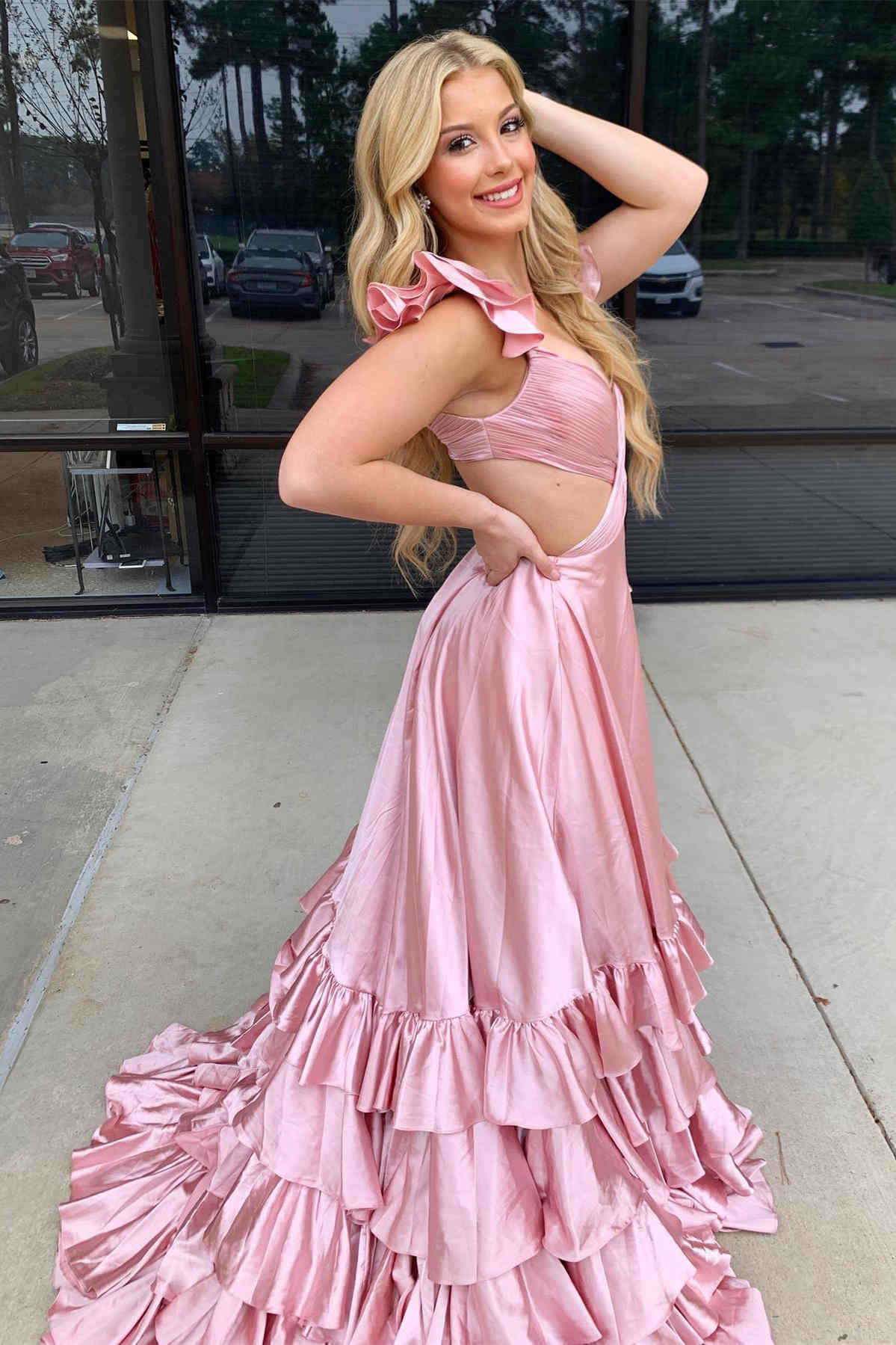 Red Prom Dress Cutout A Line Ruffle Long Elegant Evening Dress with Split