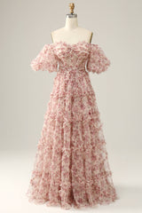 Red Prom Dress Floral Off the Shoulder Long Evening Dress