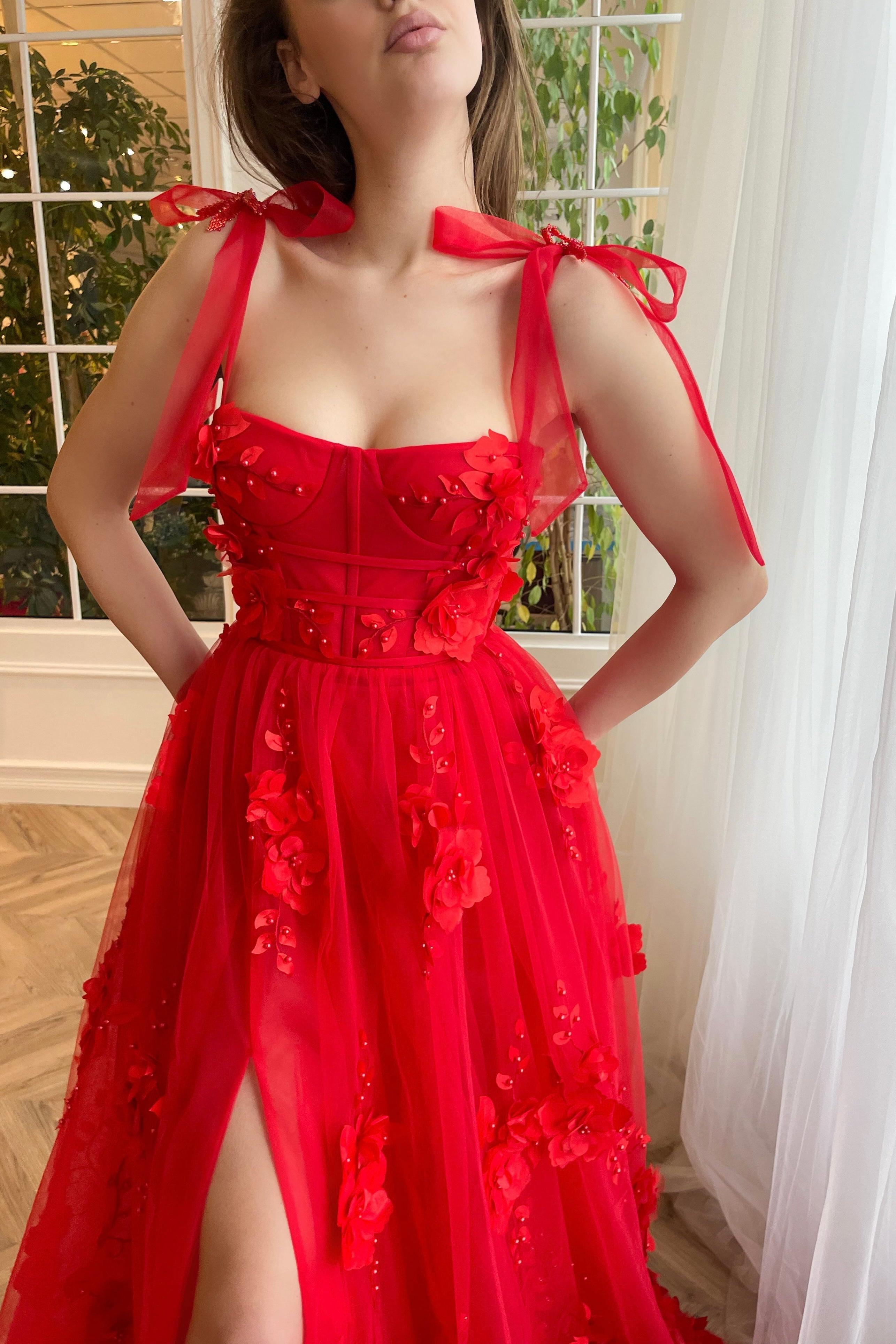 Red Prom Dress Lace 3D Flower Long Evening Dress With Split