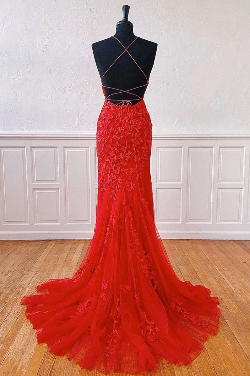 Red Prom Dress Lace Mermaid Long Formal Gown Evening Dress