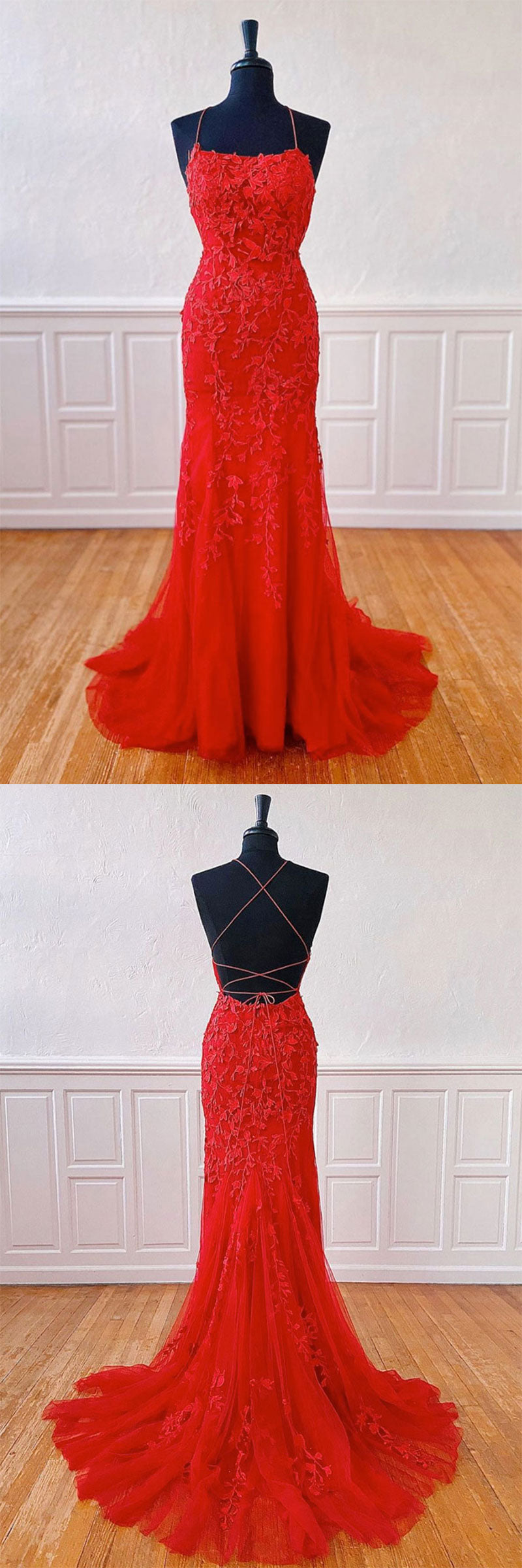 Red Prom Dress Lace Mermaid Long Formal Gown Evening Dress