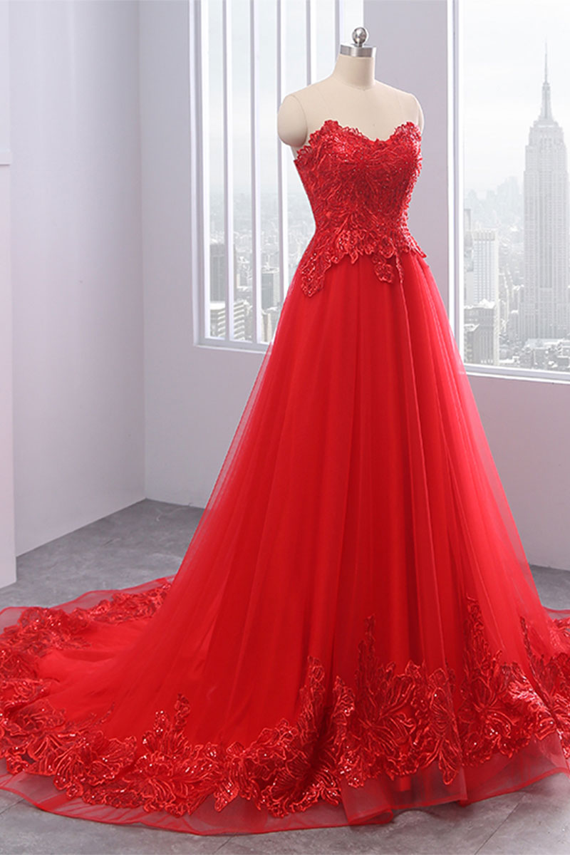 Red Prom Dress Lace Tulle Long Formal Evening Dress