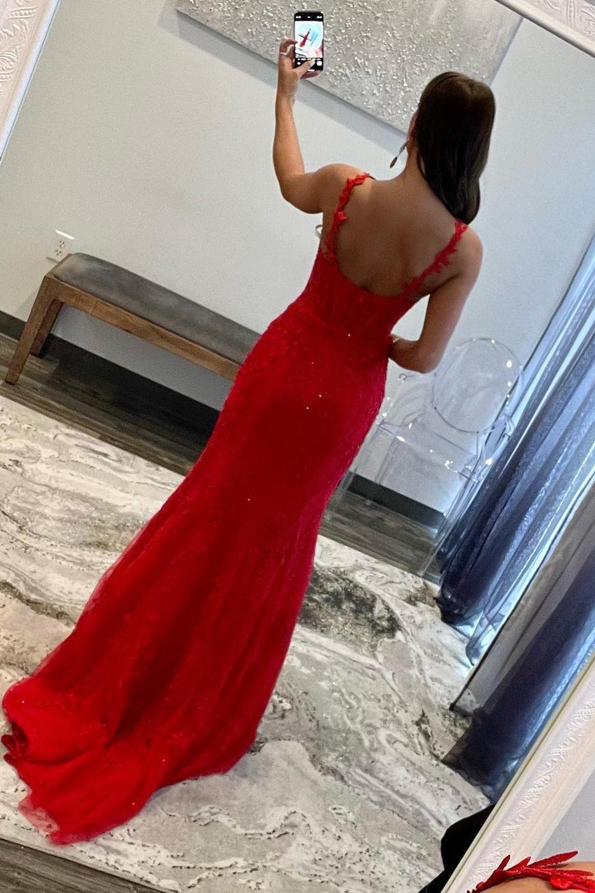 Red Prom Dress Mermaid Halter Lace Long Evening Dress