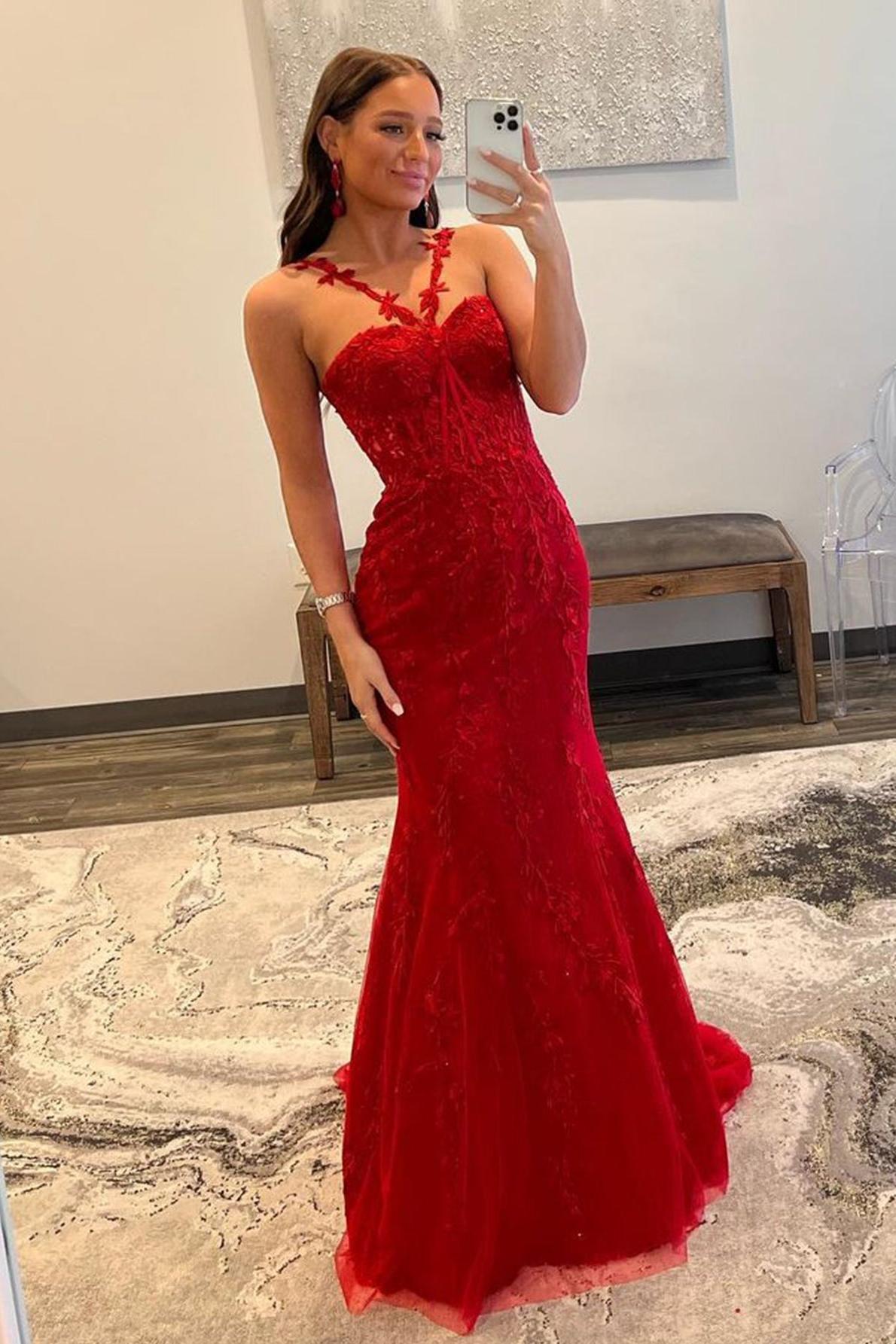 Red Prom Dress Mermaid Halter Lace Long Evening Dress